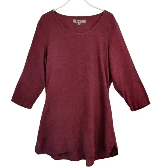 FLAX Tunic Top 3/4 Sleeve Round Neck Popover Maroon Wine Color Womens size P - Picture 1 of 10